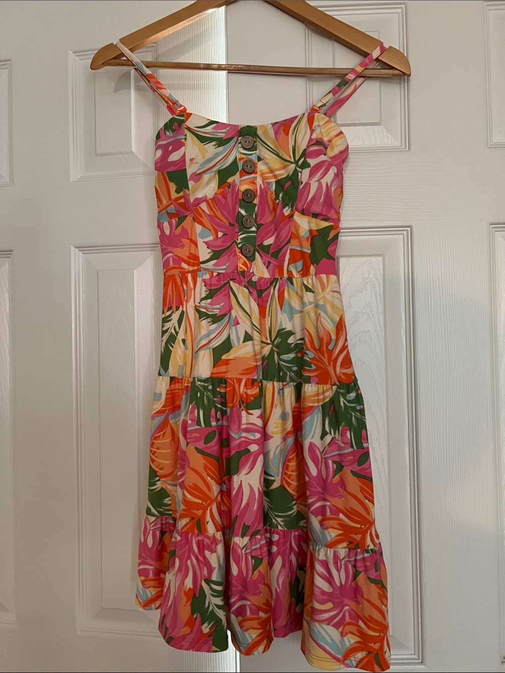 No Boundaries Tropical Print Tiered Mini Dress - Pink, Green & Orange